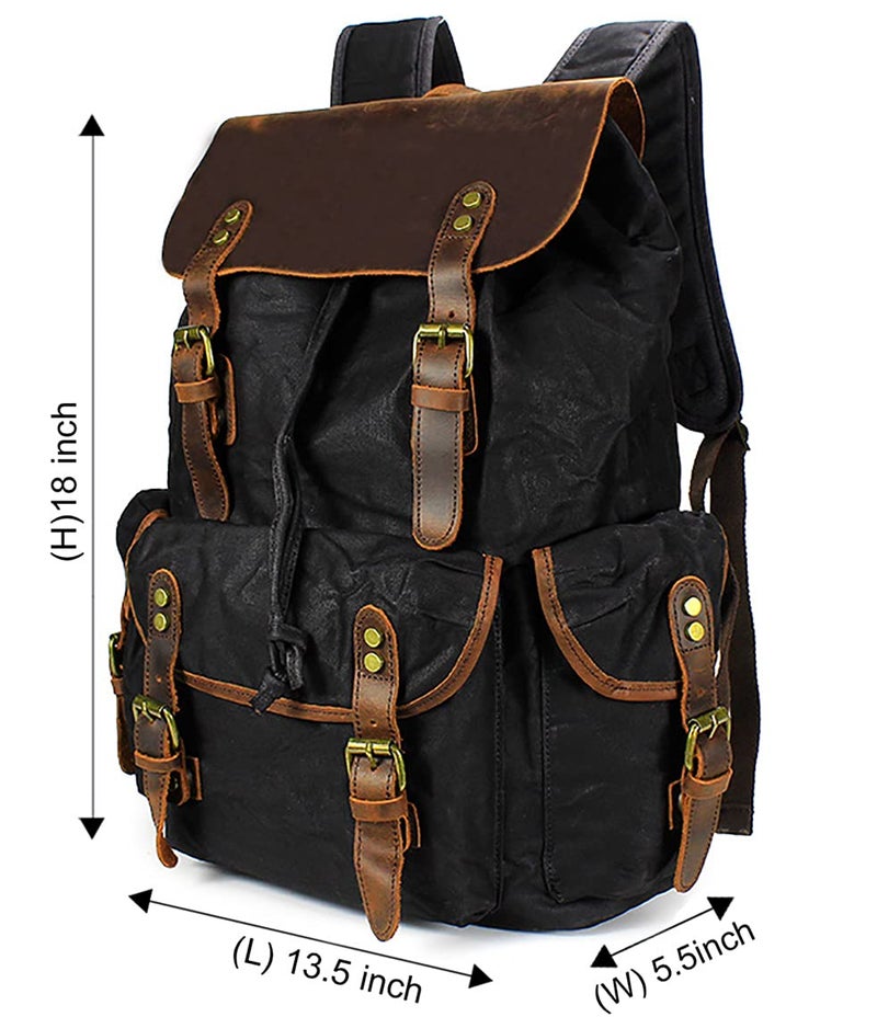 HuaChen Vintage Waxed Canvas Backpack with Genuine Leather Flap, Travel & Work Rucksack, Water-Resistant Daypack with Anti-Theft Pocket, Large/X-Large (15.6/17.3" Laptop), M80 Black - Image 2
